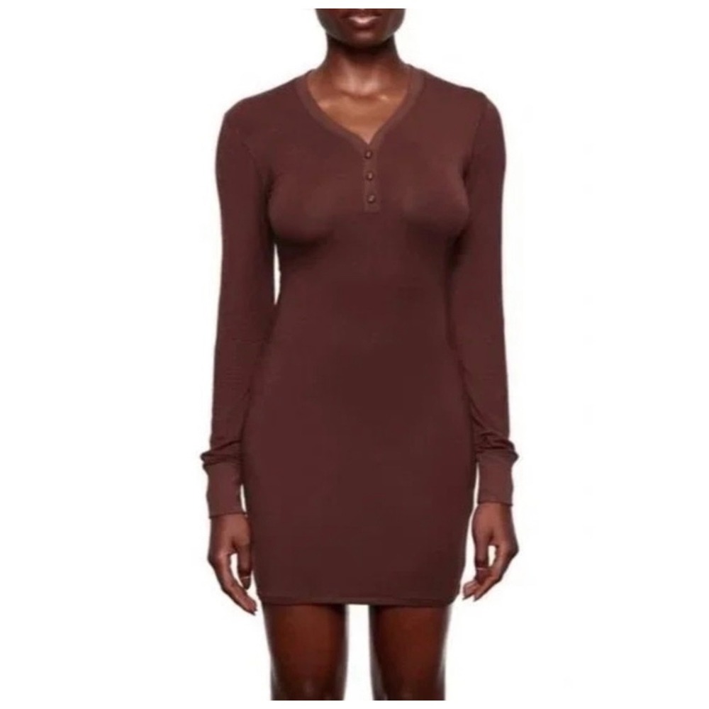 SKIMS‎ Women Brown Henley Long Sleeve Sleep Shirt Nightgown Size 2XL Loungewear